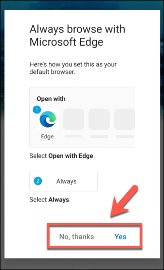Экран выбора установки Microsoft Edge как браузера по умолчанию на Android