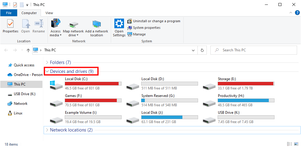 Раздел «Устройства и диски» в Проводнике Windows 10. 