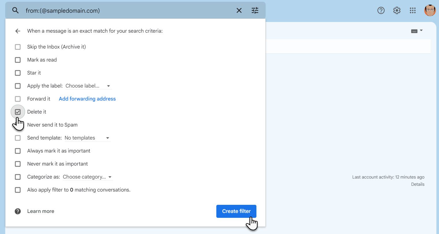 Создание фильтра Удалять для блокировки домена