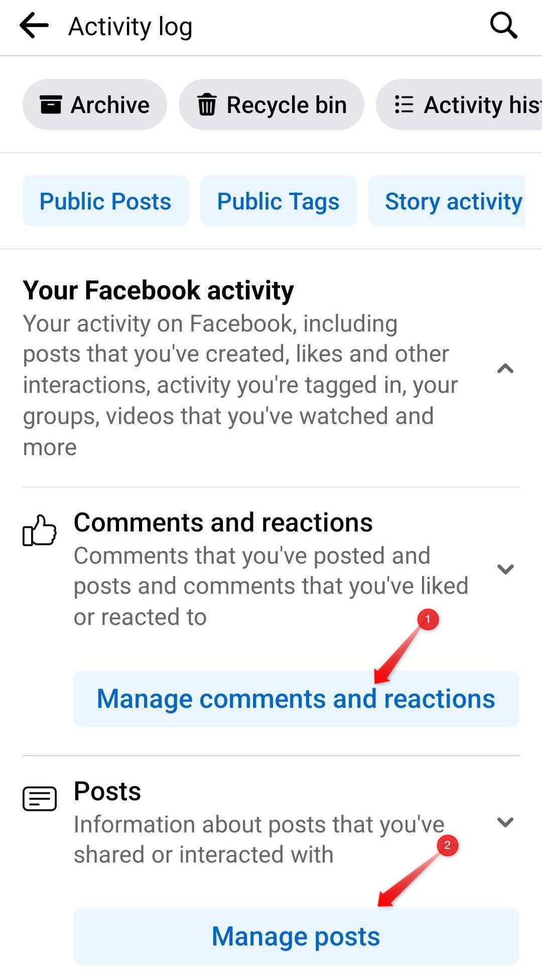 Проверка комментариев и реакций в журнале активности Facebook.