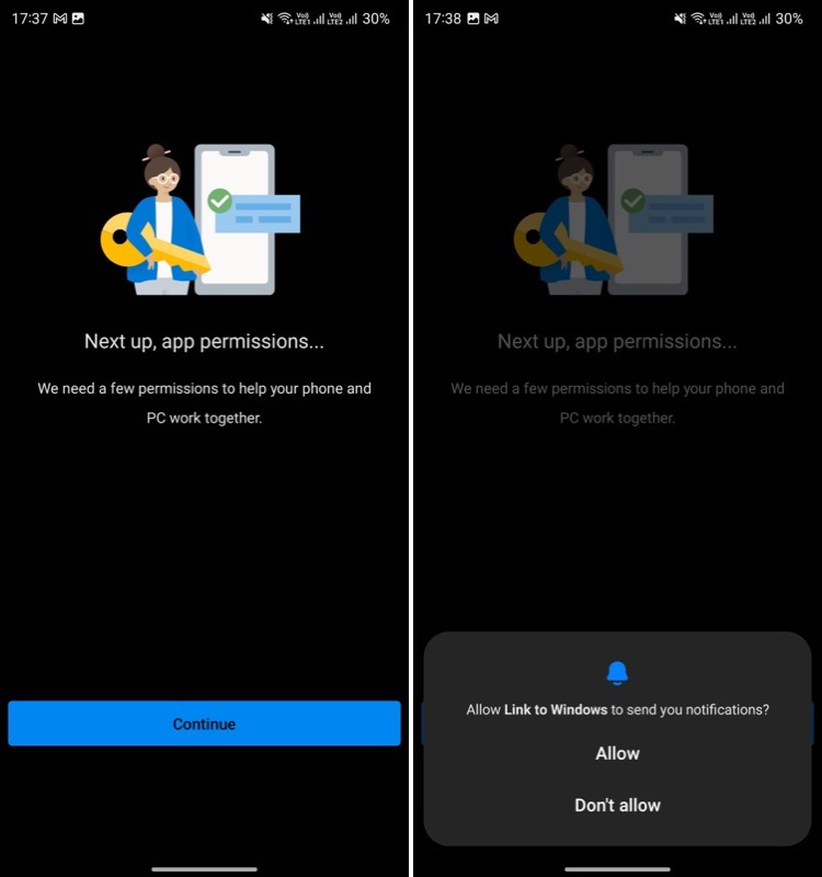 Предоставление разрешений приложению Link to Windows