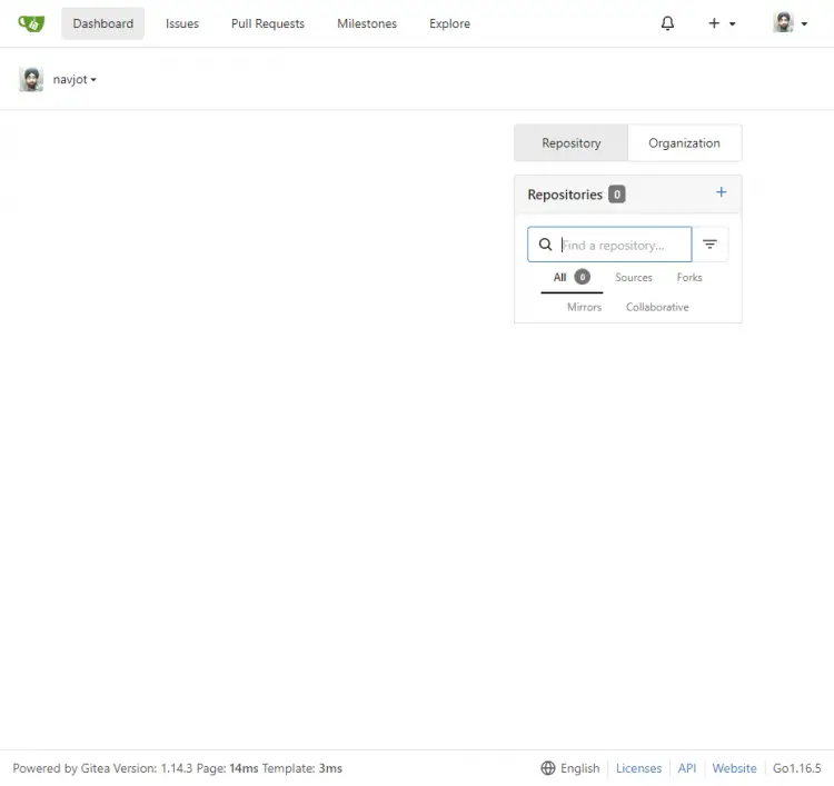 Панель аккаунта Gitea