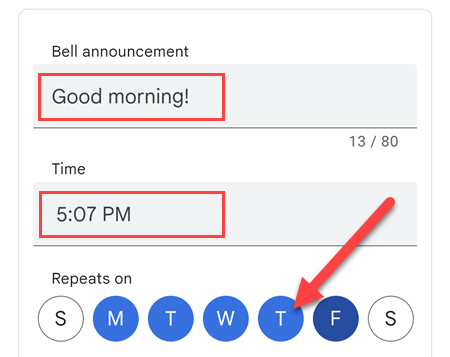 Ввод текста уведомления и выбор времени и дней.