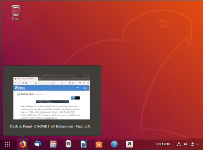 Панель Dash to Panel с открытыми окнами и контекстным меню