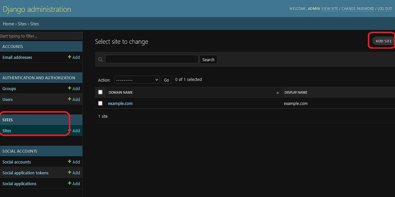 Панель администратора Django для добавления сайта