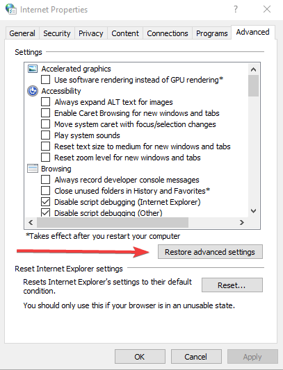 Сброс настроек Internet Explorer