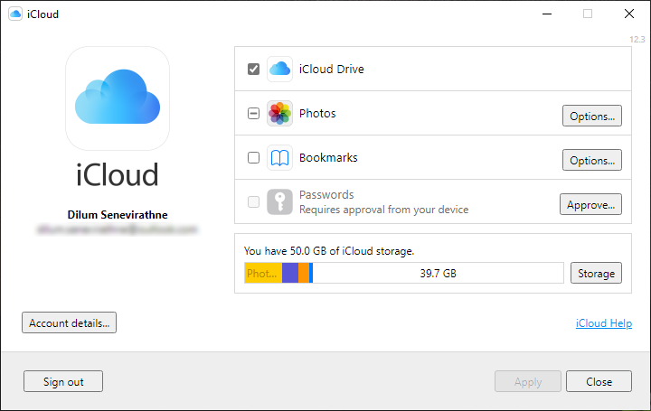 Окно приложения iCloud для Windows