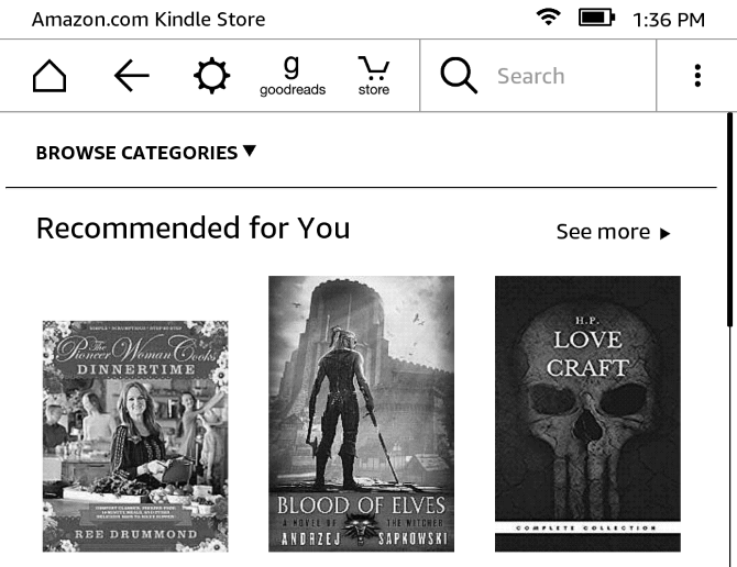 Экран магазина Kindle с категориями и рекомендациями