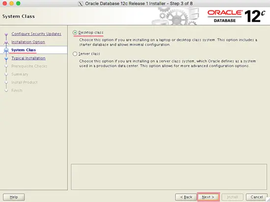 Выбор System Class в установщике Oracle
