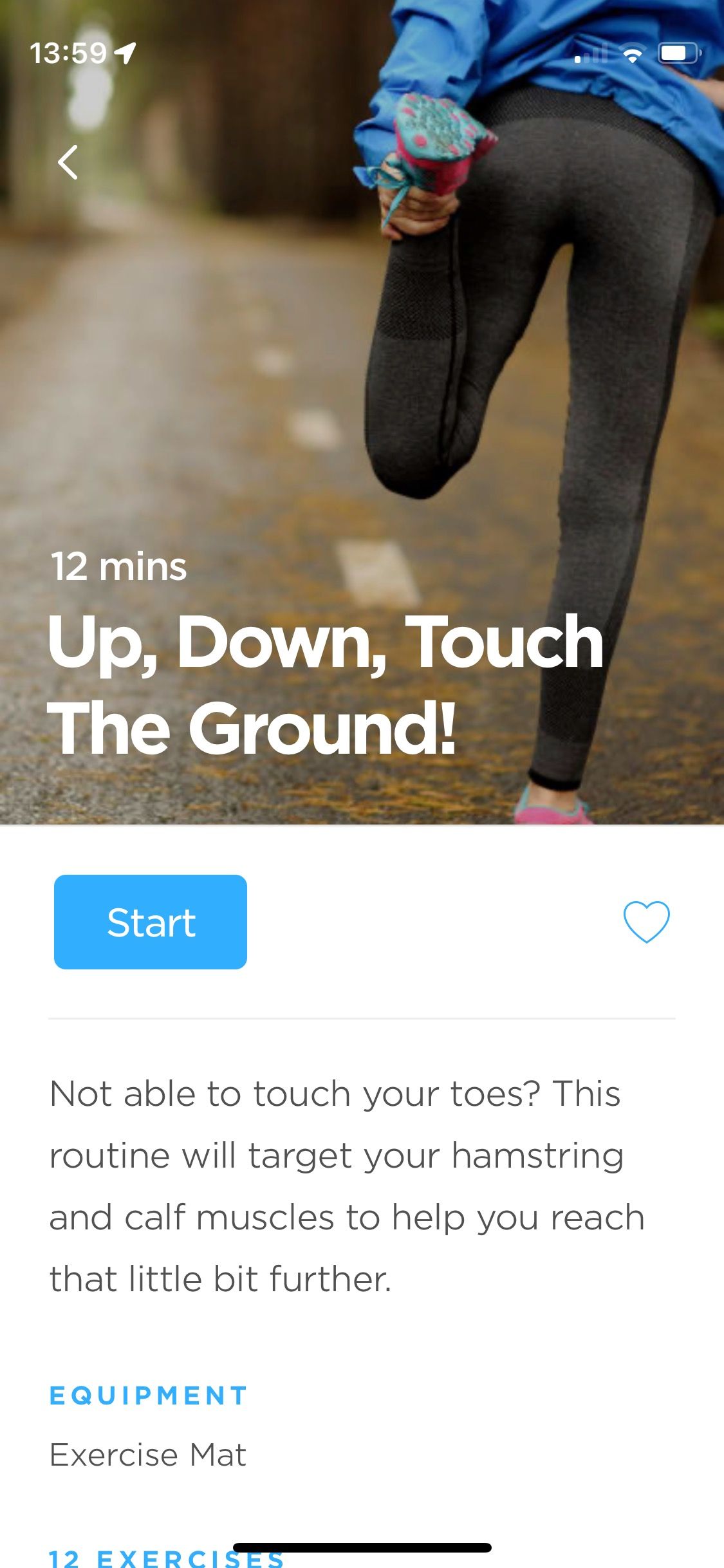 Скриншот экрана введения к тренировке на гибкость нижней части тела