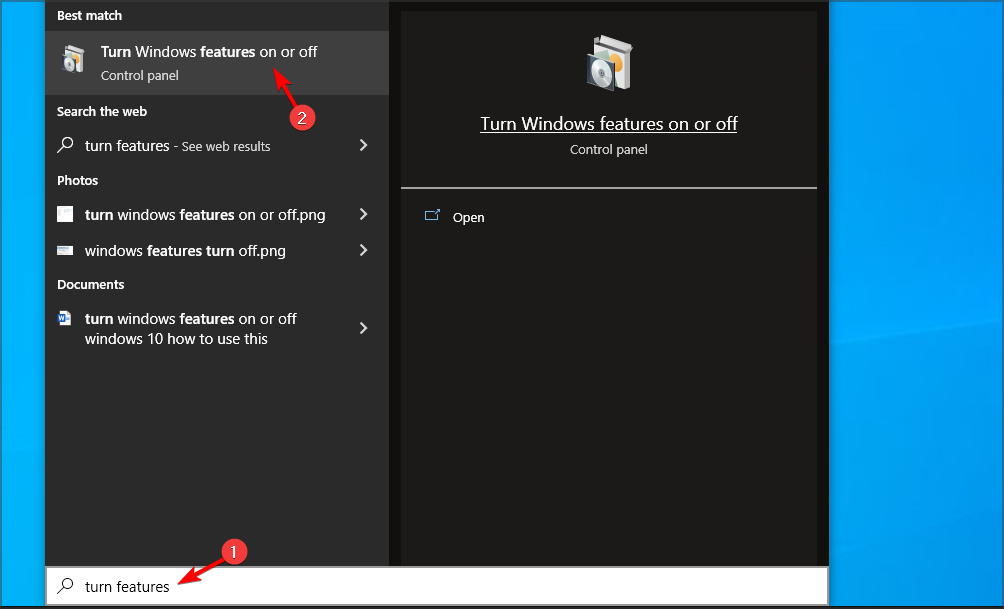 Открытие окна Включение или отключение компонентов Windows