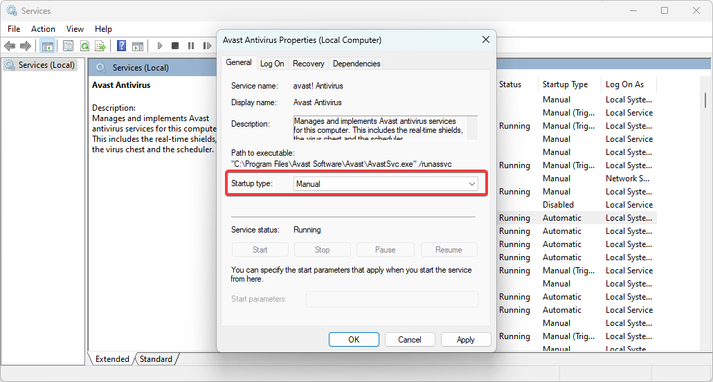 Изменение типа запуска службы на Вручную