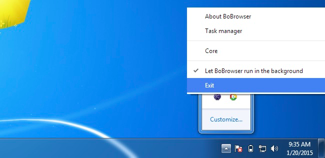 Иконка в системном трее: показано меню с опцией выхода из приложения