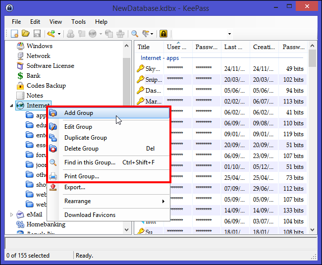 Создание новой группы в KeePass — диалог