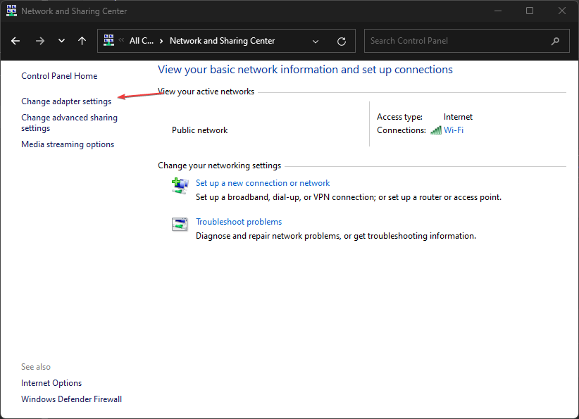 Ссылка Изменение параметров адаптера в Центре управления сетями