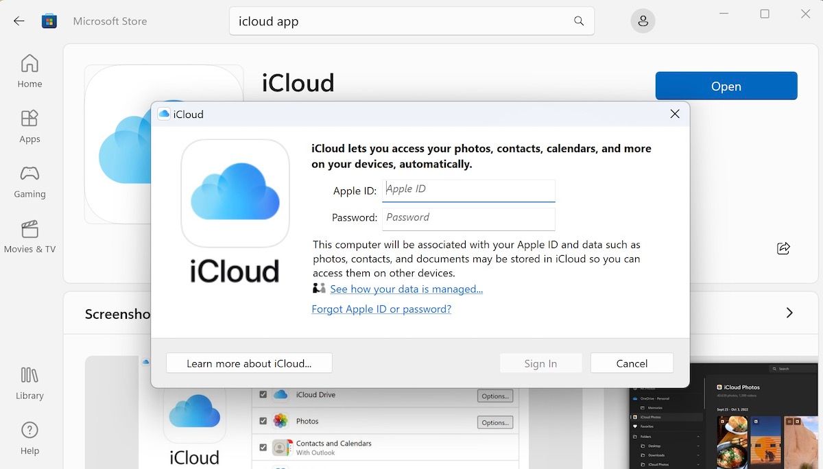Окно настройки iCloud для Windows