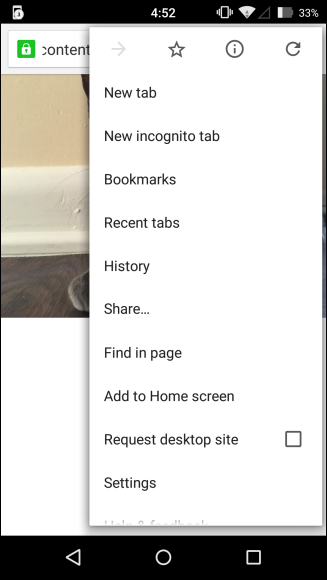Интерфейс Chrome на мобильном устройстве с пунктом меню «Новая вкладка инкогнито»