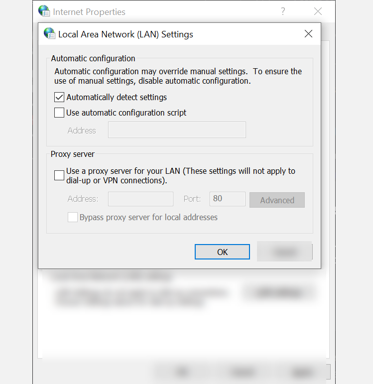 Настройки прокси в окне LAN settings