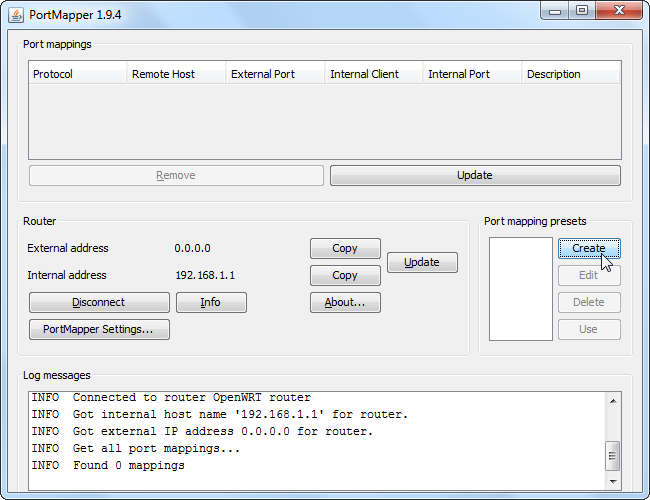 Окно создания пресета проброса портов с полями для описания и списка портов