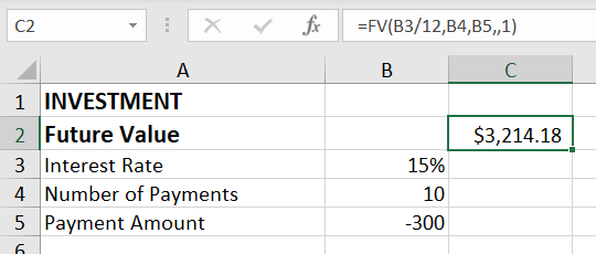 Future value data for the data table in Excel