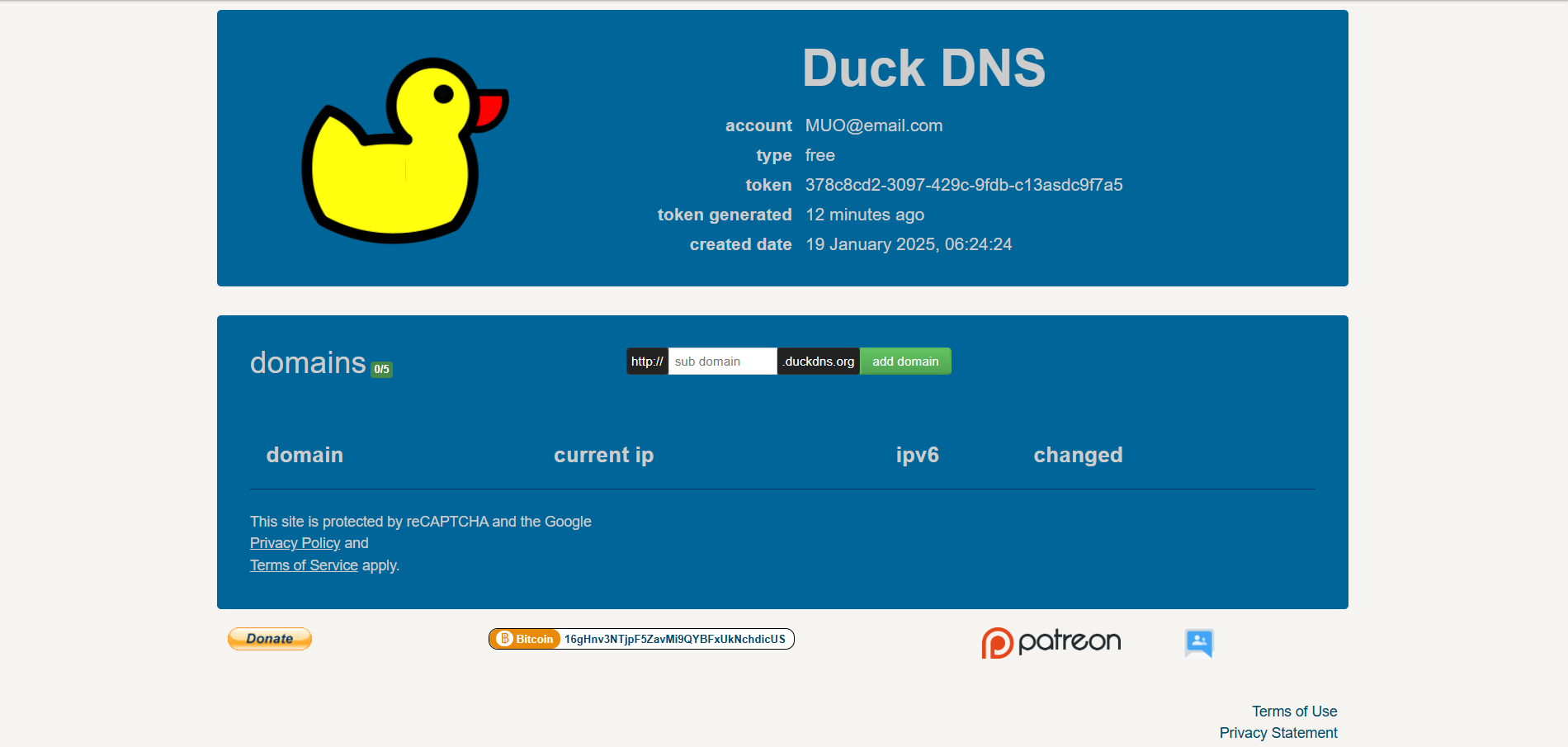 Получение токена DuckDNS