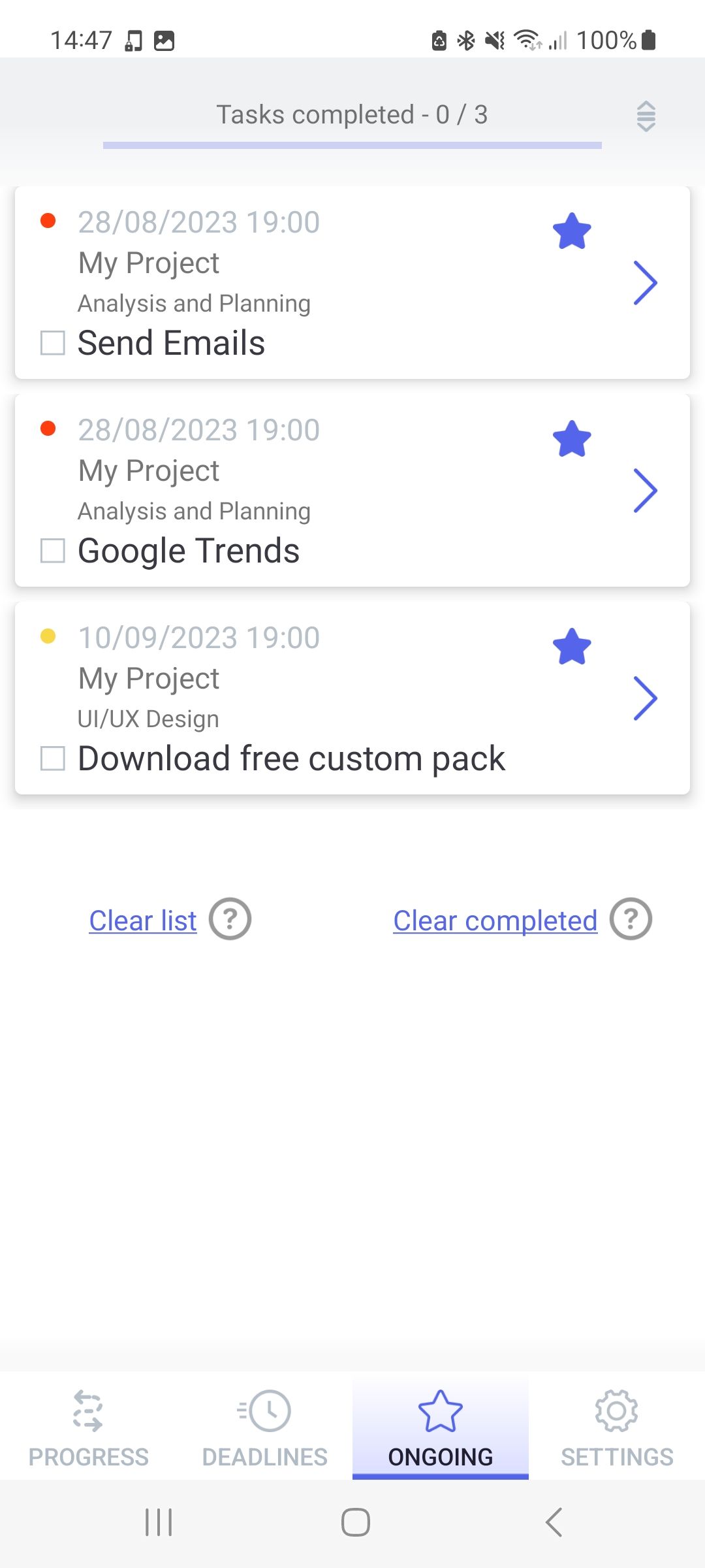 WinGo вкладка текущих задач с выделенными задачами