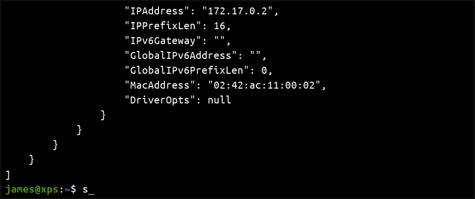 Скриншот получения IP адреса контейнера через docker inspect