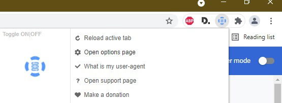 Открыть страницу опций расширения Custom UserAgent String