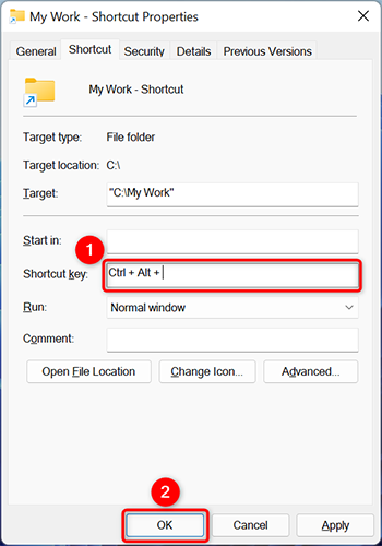 Окно 'Свойства' ярлыка: поле 'Сочетание клавиш'