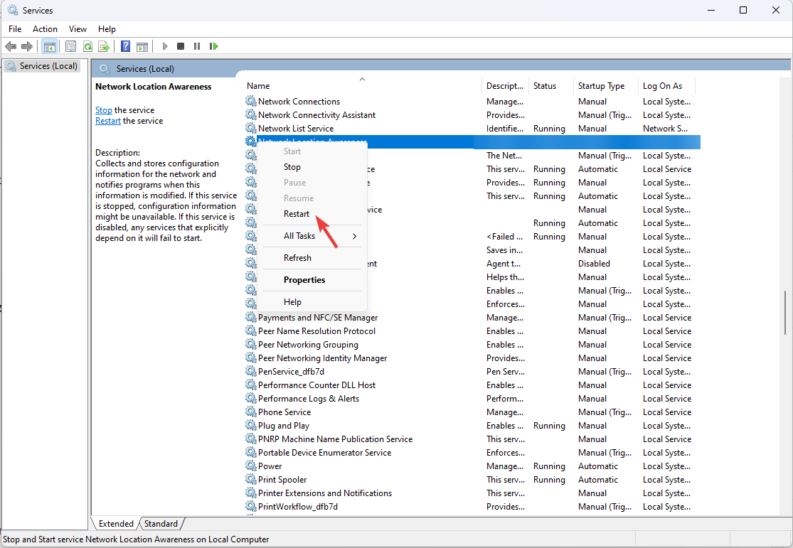 Контекстное меню службы с опцией Перезапустить для Volume Shadow Copy