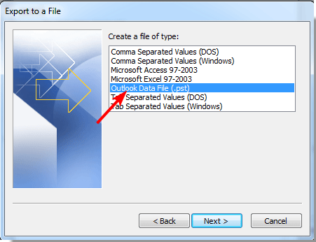 Выбор формата экспорта Файл данных Outlook (.pst)