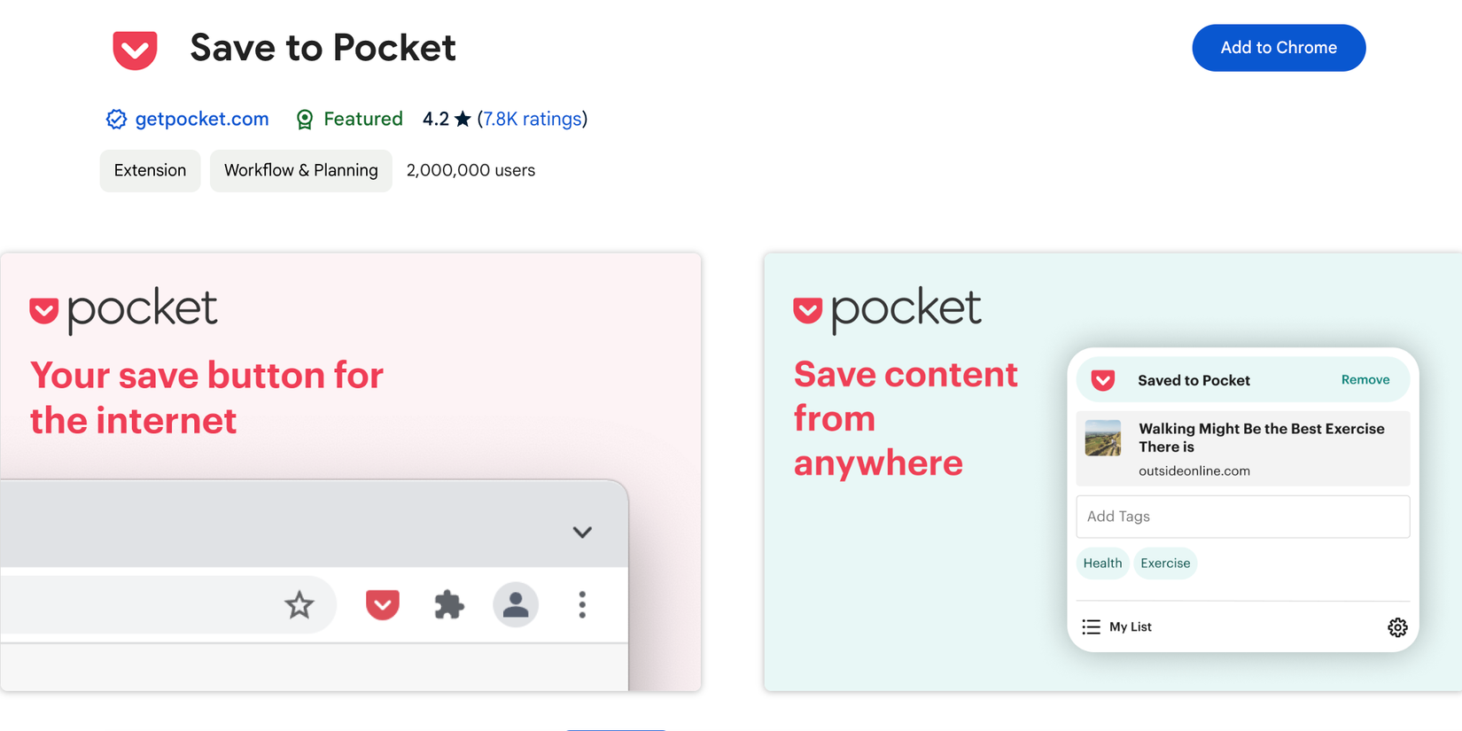 Страница расширения Save to Pocket для Chrome
