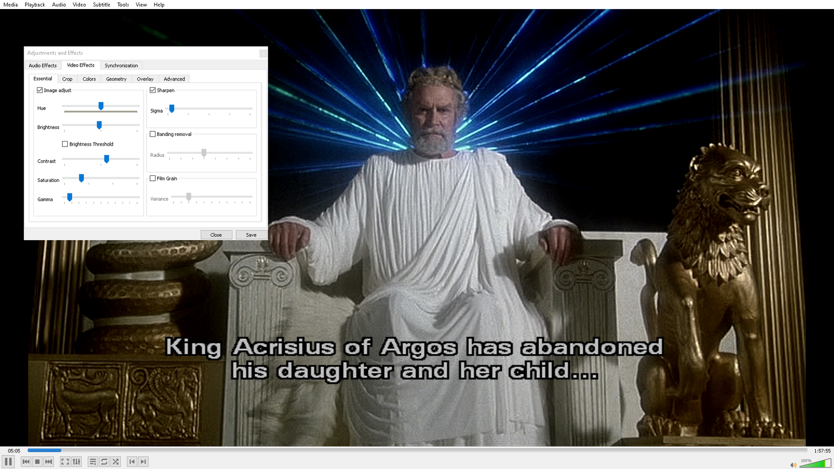 Меню «Коррекция и эффекты» VLC при воспроизведении Clash of the Titans (1981)