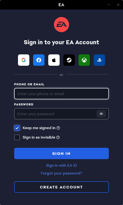Окно входа в приложение EA