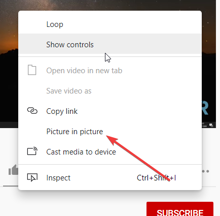 Контекстное меню YouTube с опцией «Картинка в картинке»