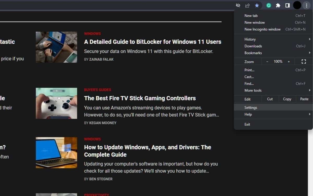 Скриншот выпадающего меню настроек Chrome