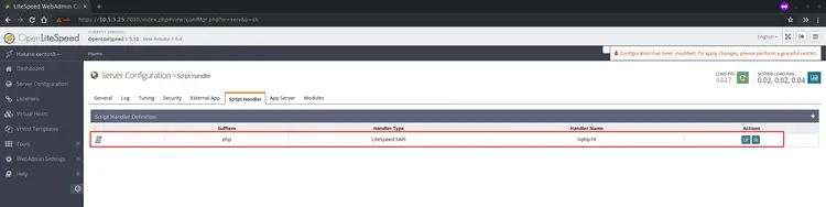 Confirmation que PHP 7.4 est configuré pour OpenLiteSpeed