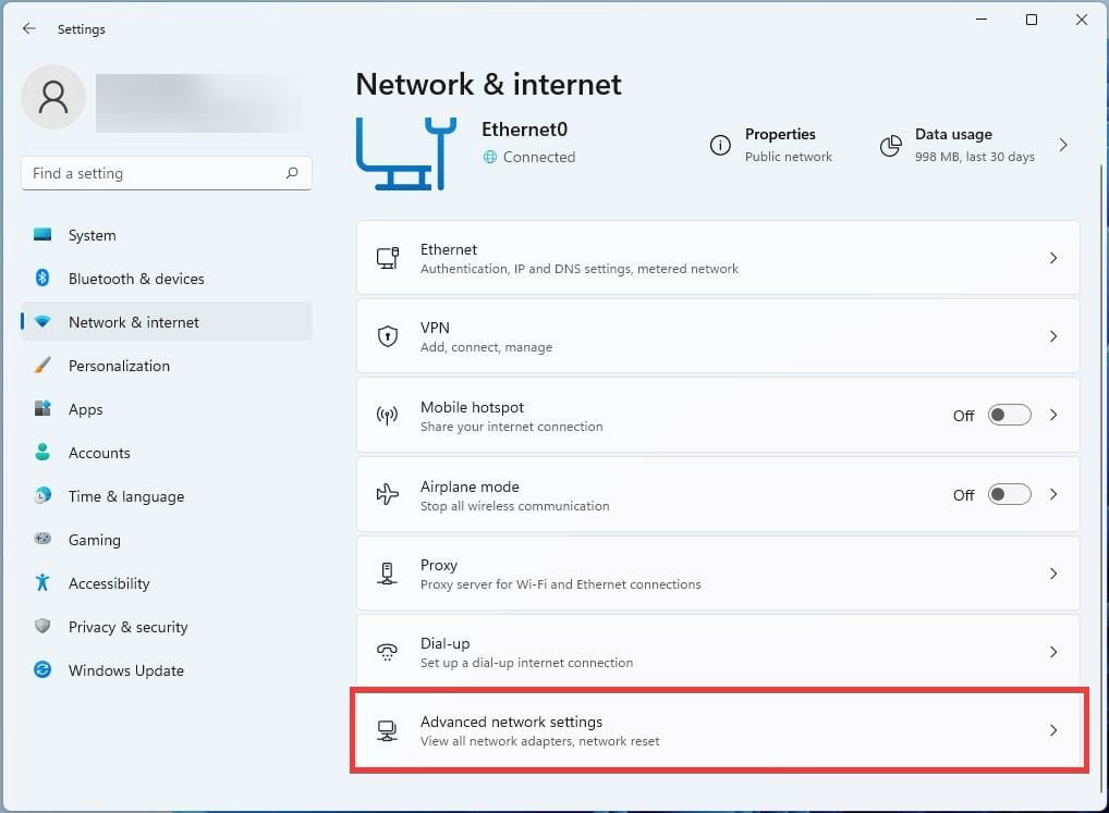 Impostazioni avanzate di rete in Windows 11