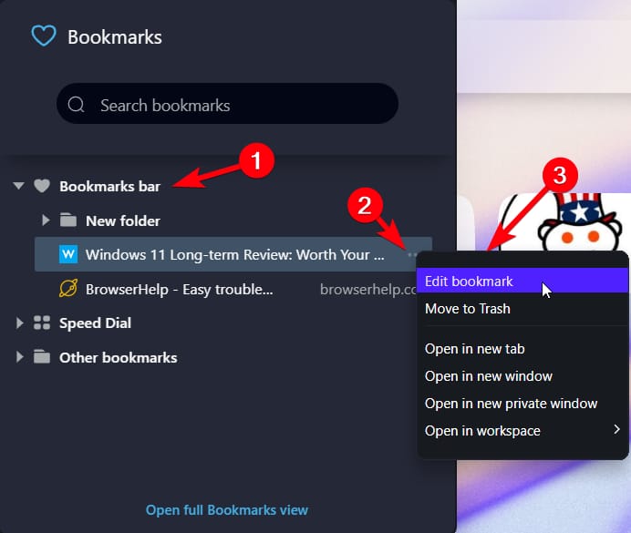 Меню с тремя точками для редактирования закладки