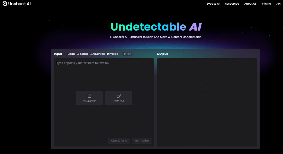 Иллюстрация: интерфейс Uncheck AI с режимами humanize и проверкой