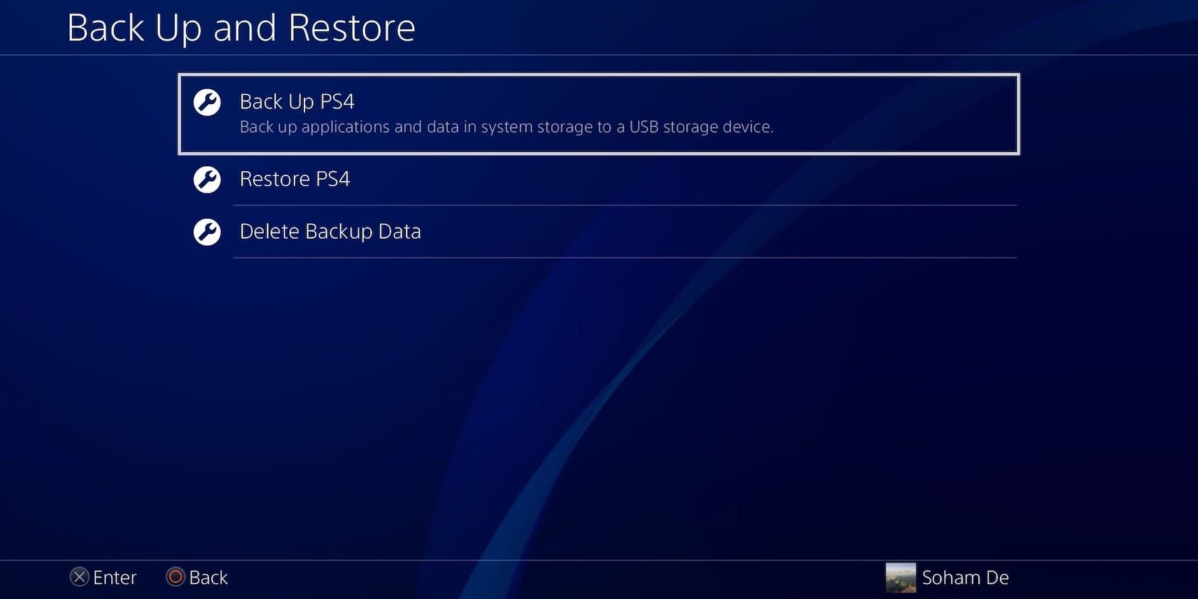Экран опции «Резервное копирование PS4» на интерфейсе консоли