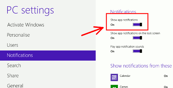 Désactiver notifications toast Windows 8