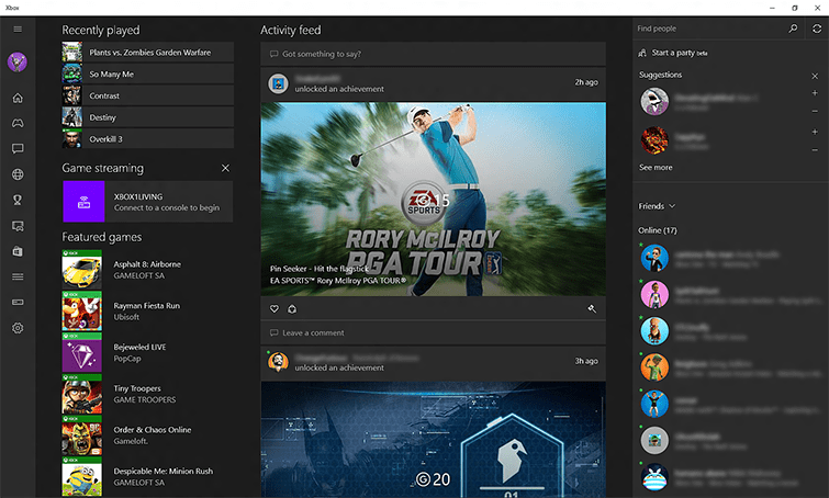 Feed de actividad en Xbox (Windows 10)
