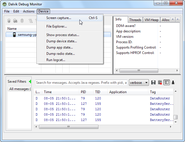 Окно Dalvik Debug Monitor: выбор устройства и Screen capture