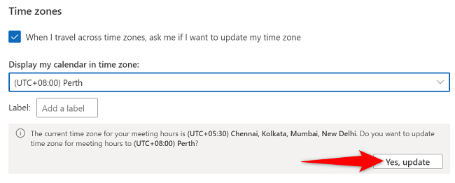 Выберите «Да, обновить», чтобы сдвинуть время встреч в соответствии с новым часовым поясом.