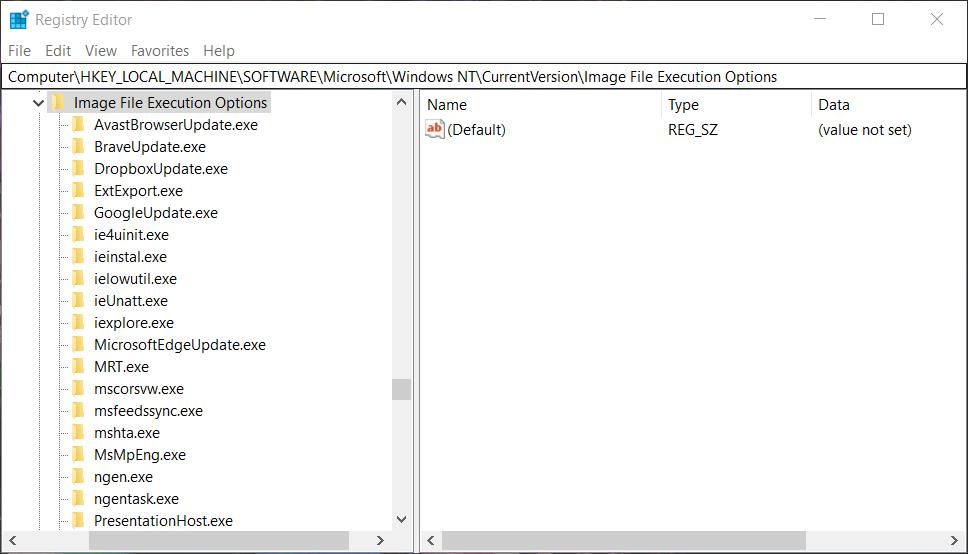 Ключ реестра Image File Execution Options в редакторе реестра