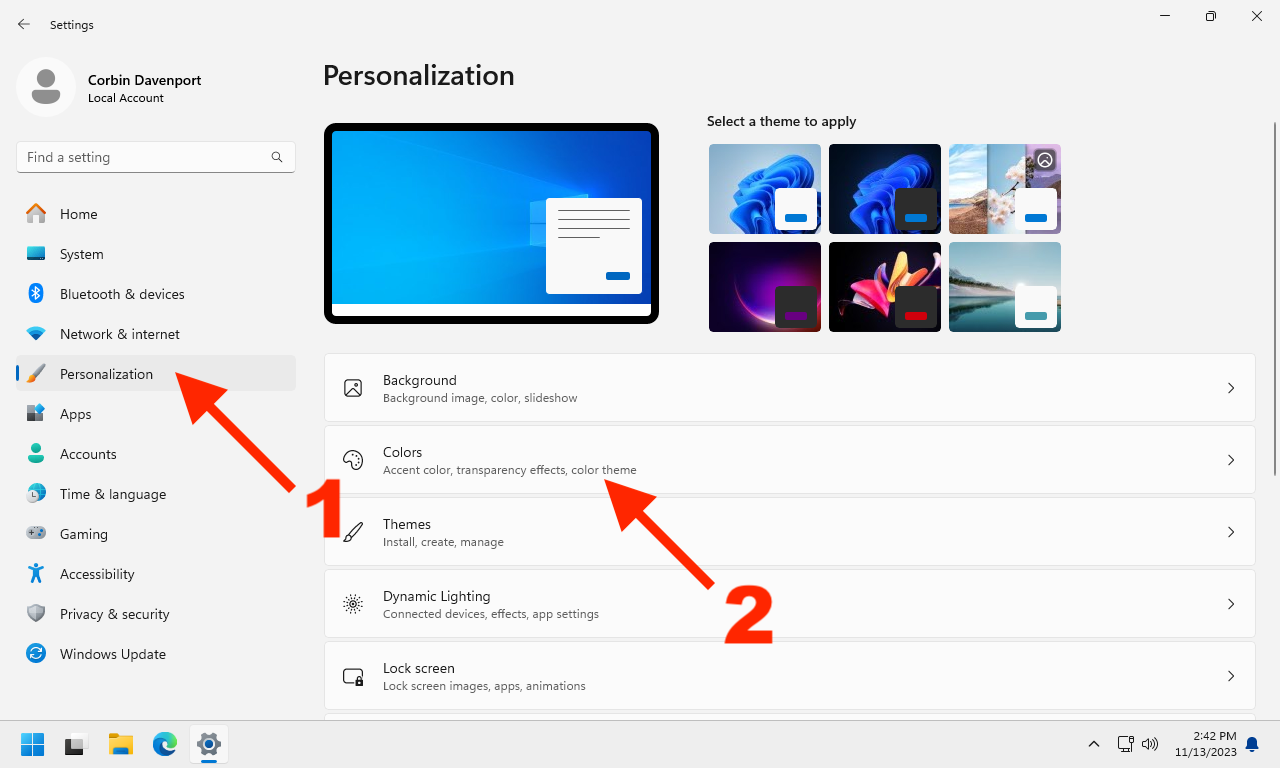 Открытие раздела Цвета в настройках Windows 11