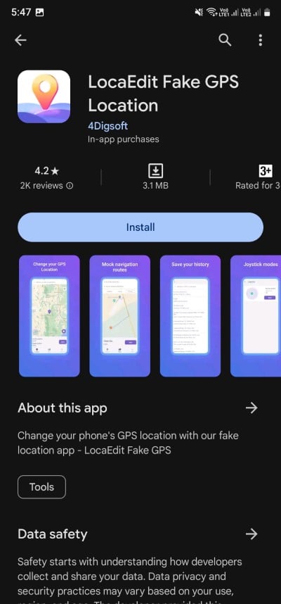 Pagina dell'app LocaEdit Fake GPS nel Play Store