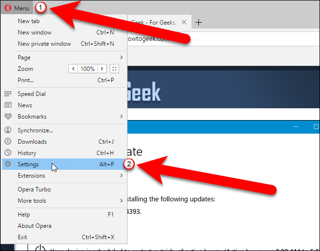Открытие Settings в Opera