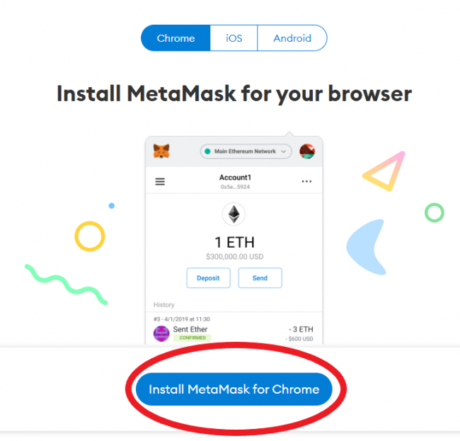 Страница загрузки MetaMask с выделенной кнопкой установки.